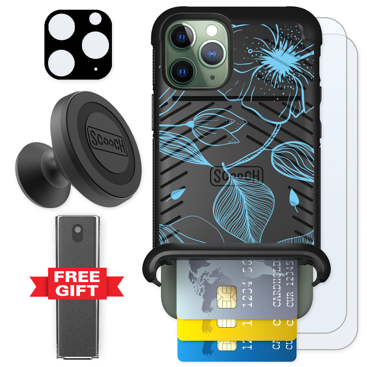 Scooch Wingmate Blue Hibiscus for iPhone 11 Pro — Defender Bundle