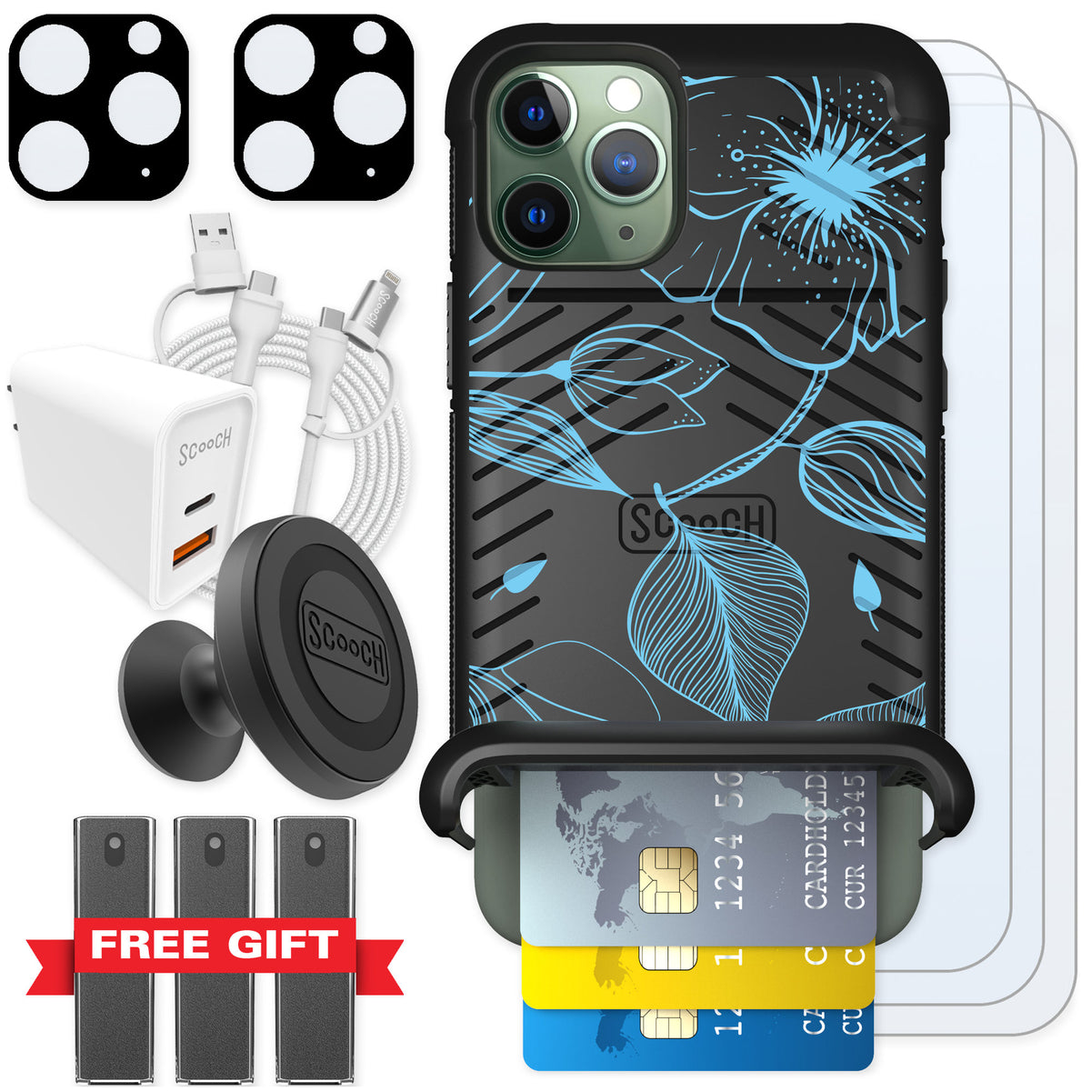 Scooch Wingmate Blue Hibiscus for iPhone 11 Pro — Ultimate Bundle