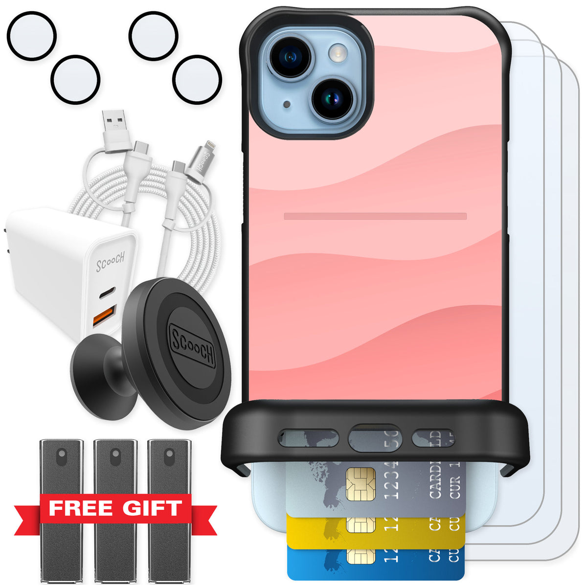Scooch Wingmate Pink Waves for iPhone 15 Plus — Ultimate Bundle