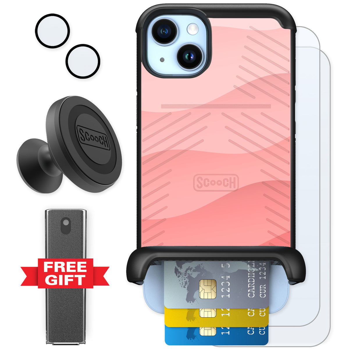Scooch Wingmate Pink Waves for iPhone 14 Plus — Defender Bundle