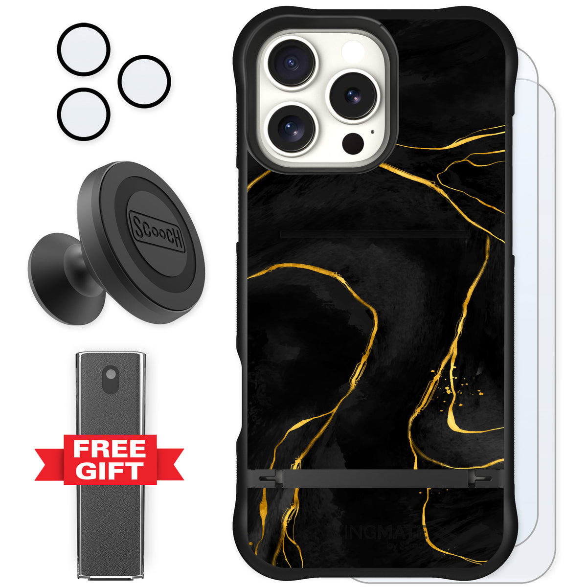 Scooch Wingmate Black Marble for iPhone 16 Pro Max — Defender Bundle