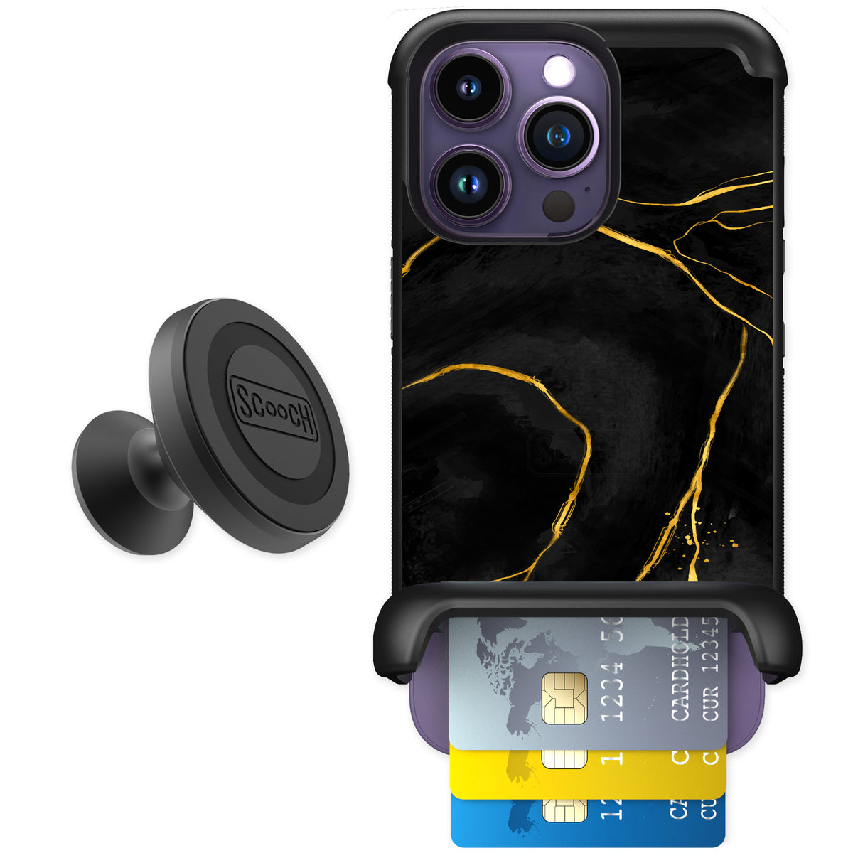 Scooch Wingmate Black Marble for iPhone 14 Pro — Starter Bundle