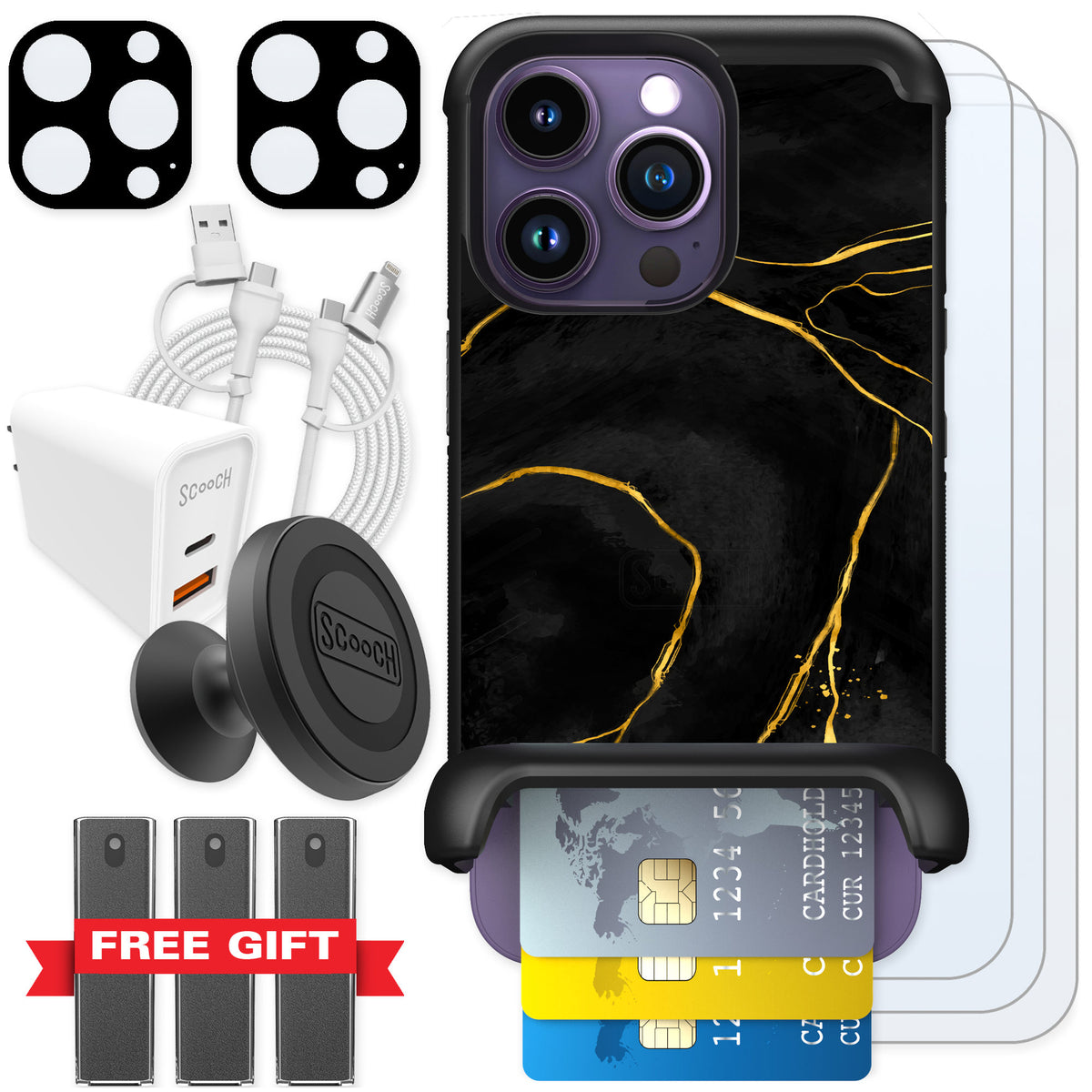 Scooch Wingmate Black Marble for iPhone 14 Pro — Ultimate Bundle