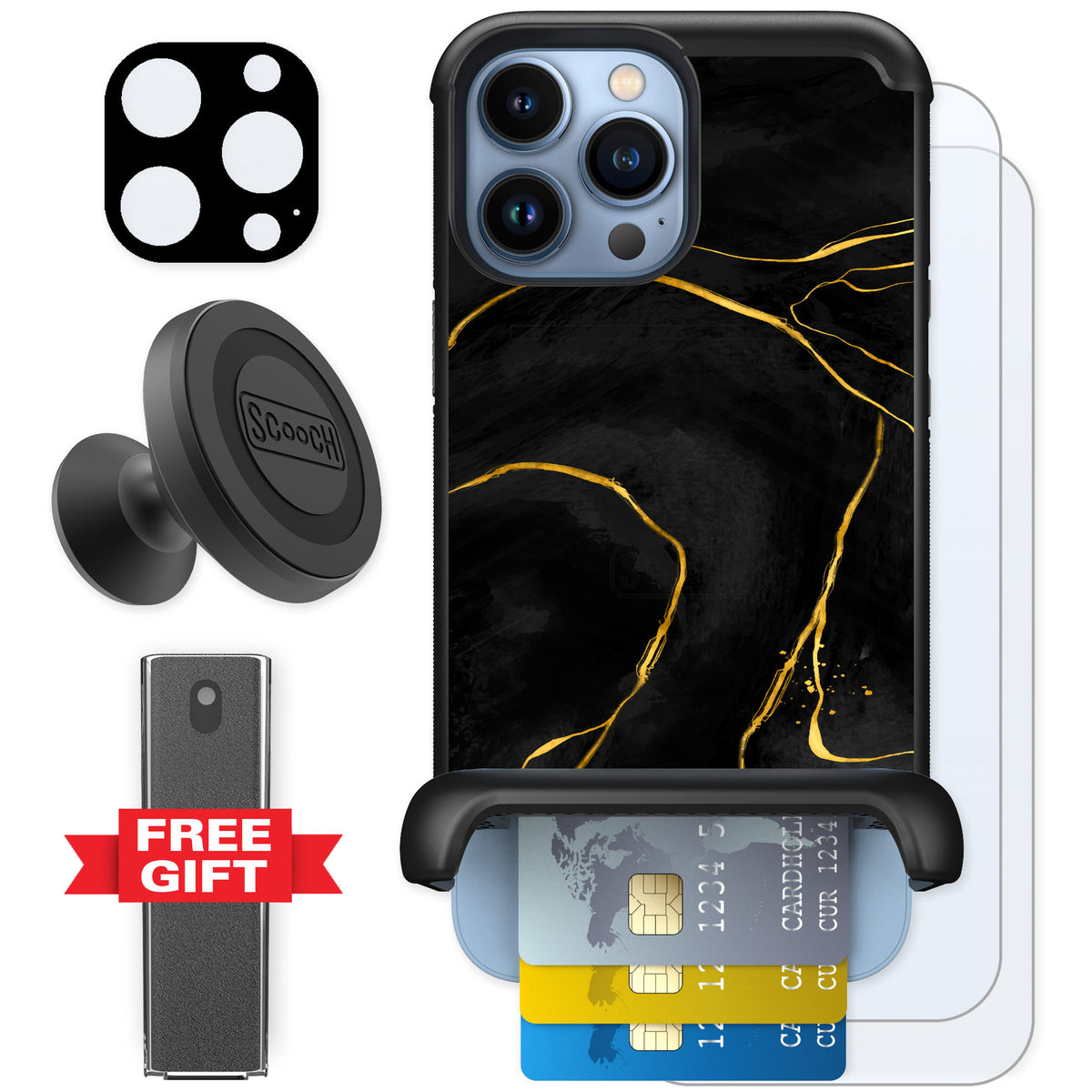 Scooch Wingmate Black Marble for iPhone 13 Pro Max — Defender Bundle