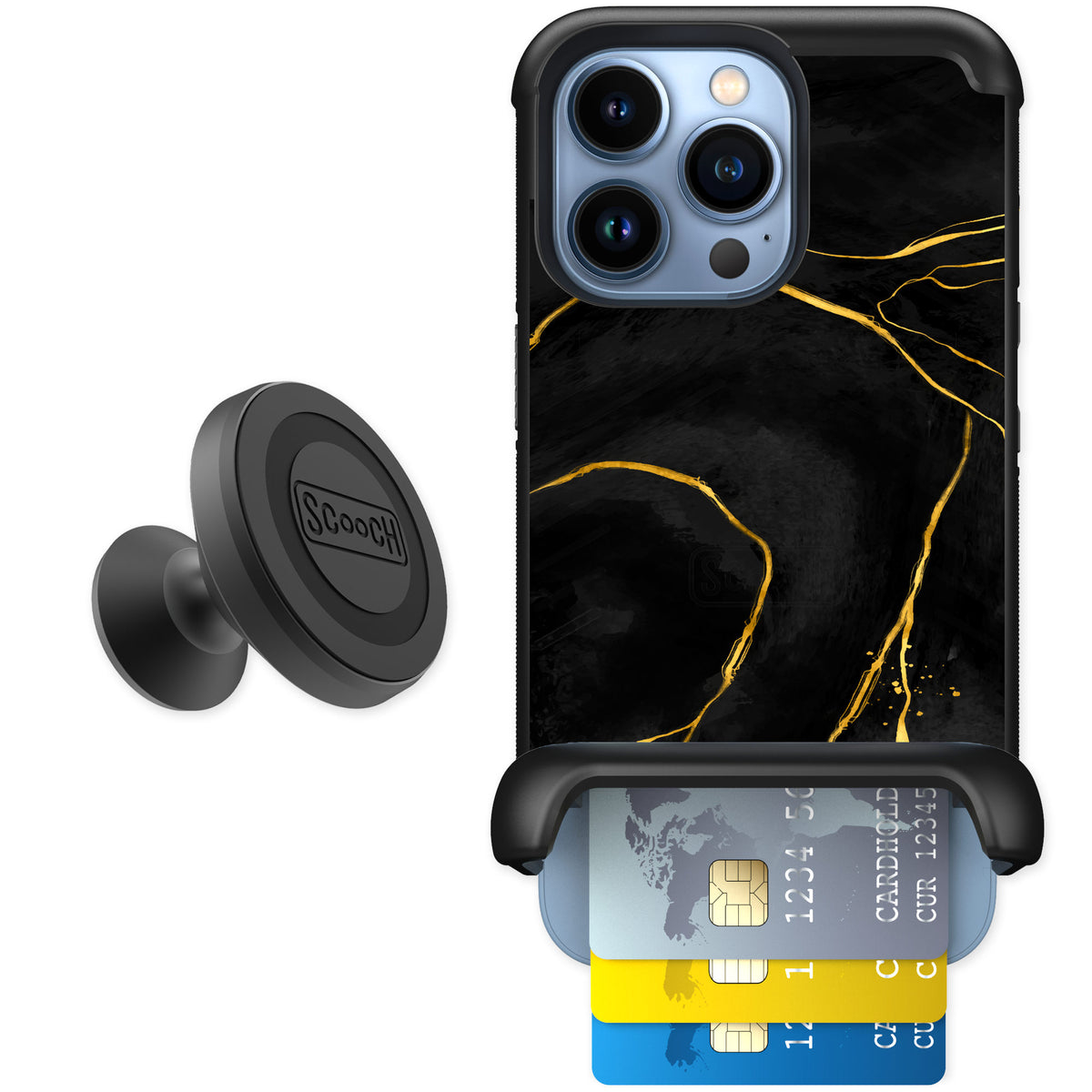 Scooch Wingmate Black Marble for iPhone 13 Pro — Starter Bundle