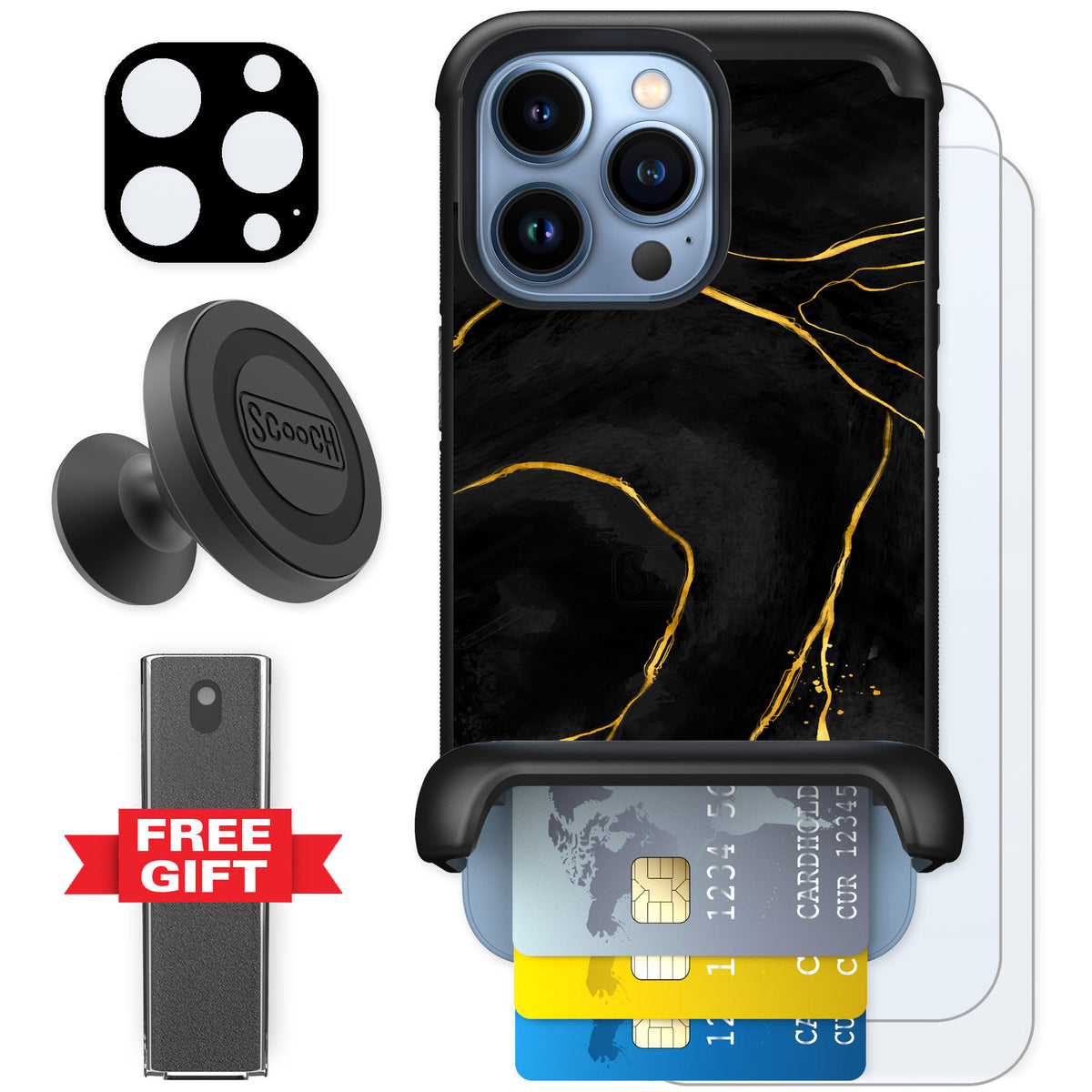 Scooch Wingmate Black Marble for iPhone 13 Pro — Defender Bundle