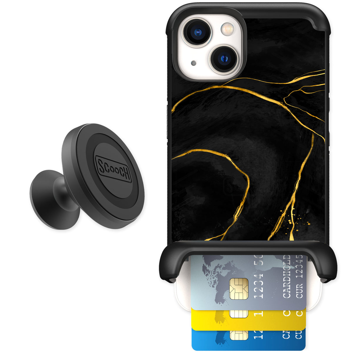 Scooch Wingmate Black Marble for iPhone 13 — Starter Bundle