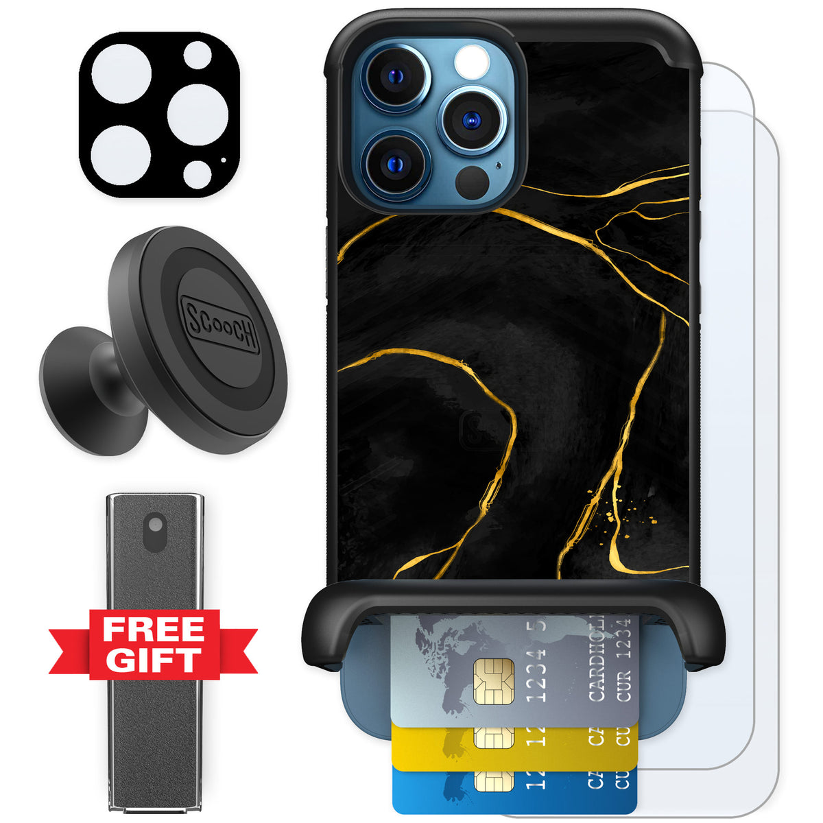 Scooch Wingmate Black Marble for iPhone 12 Pro Max — Defender Bundle