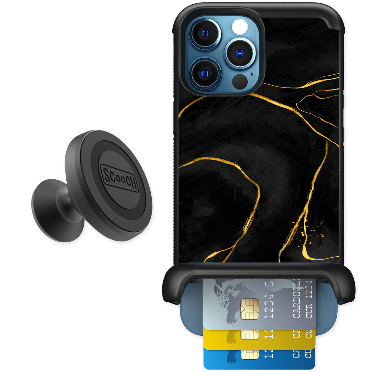 Scooch Wingmate Black Marble for iPhone 12 Pro — Starter Bundle
