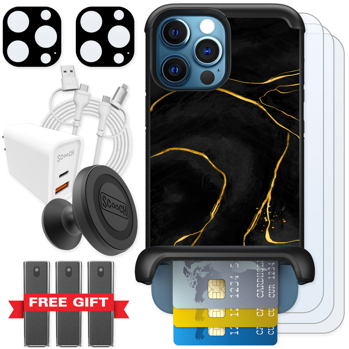 Scooch Wingmate Black Marble for iPhone 12 Pro — Ultimate Bundle