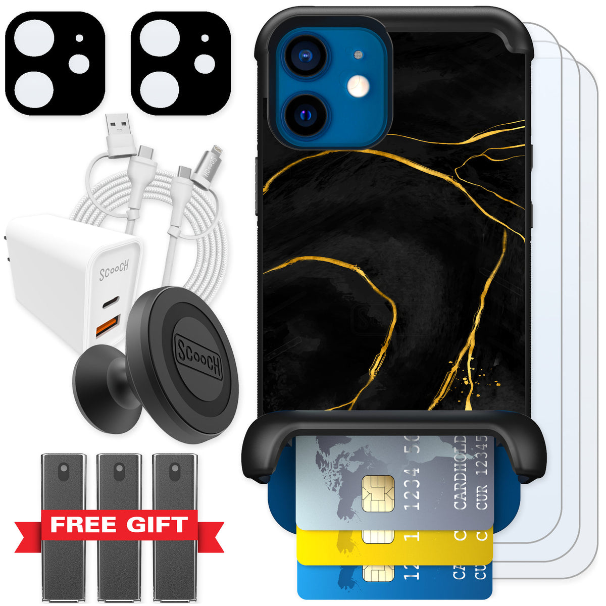 Scooch Wingmate Black Marble for iPhone 12 — Ultimate Bundle