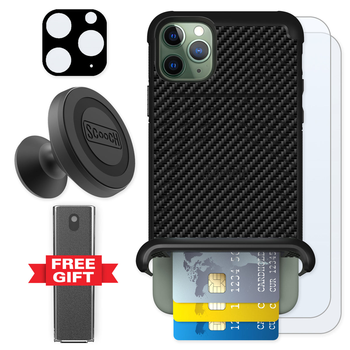 Scooch Wingmate Carbon Fiber for iPhone 11 Pro Max — Defender Bundle
