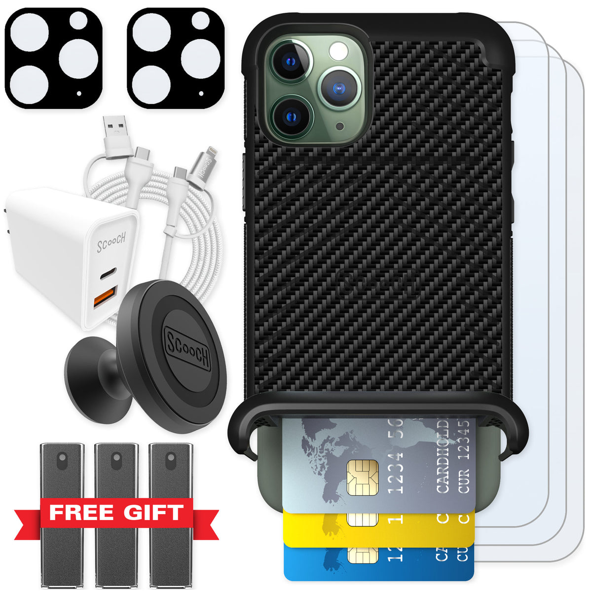 Scooch Wingmate Carbon Fiber for iPhone 11 Pro — Ultimate Bundle