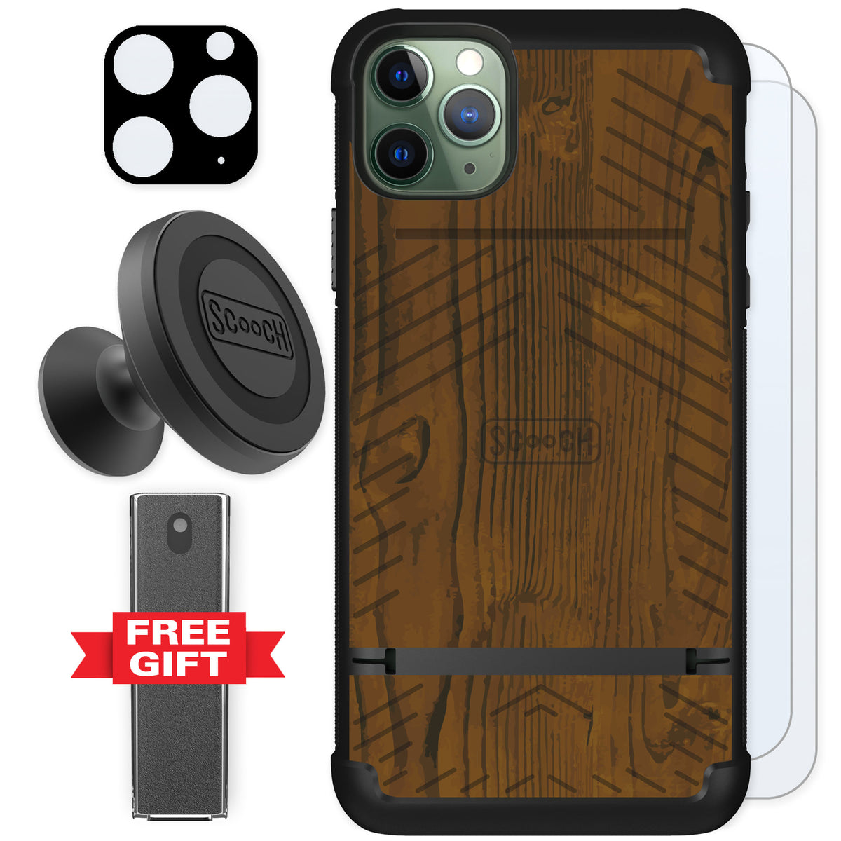 Scooch Wingmate Wood Grain for iPhone 11 Pro Max — Defender Bundle