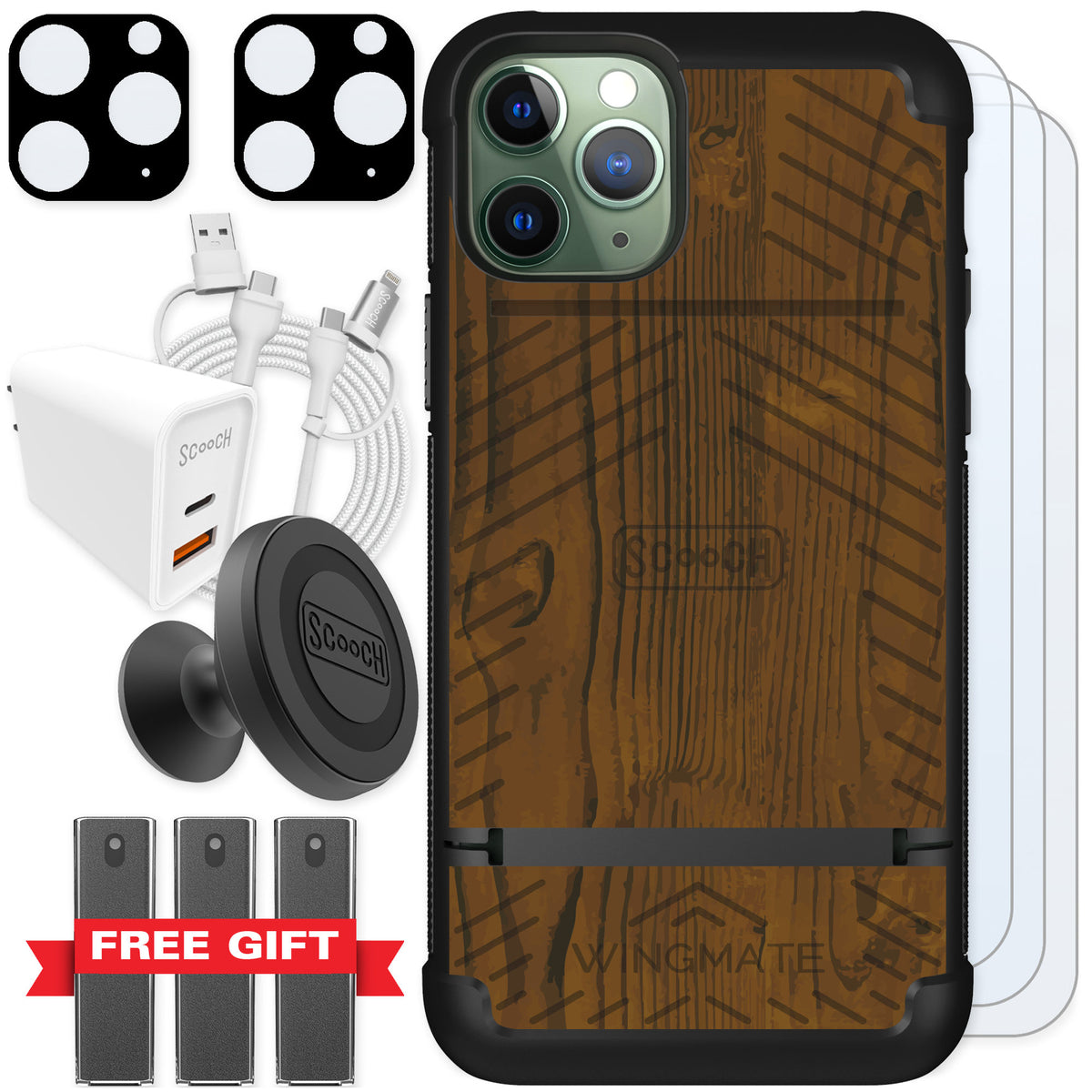 Scooch Wingmate Wood Grain for iPhone 11 Pro — Ultimate Bundle