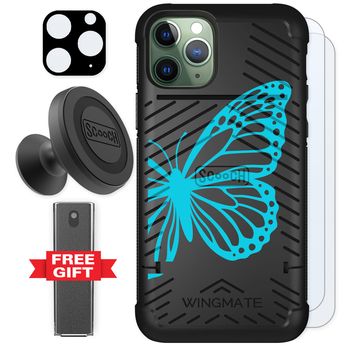Scooch Wingmate Azure Butterfly for iPhone 11 Pro — Defender Bundle