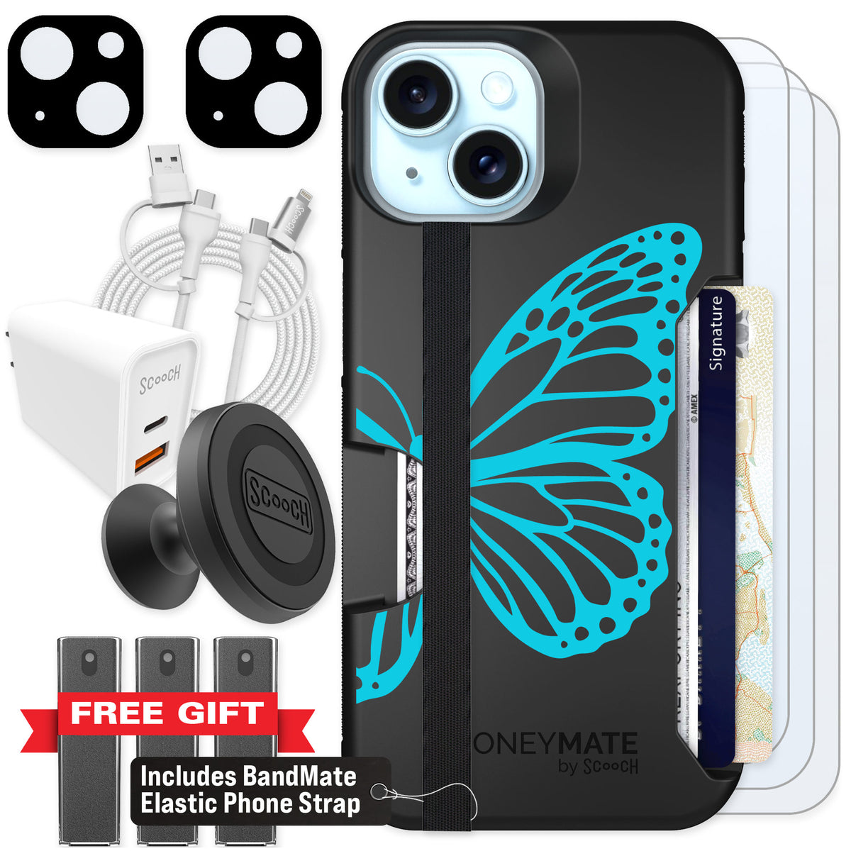 Scooch Moneymate Azure Butterfly for iPhone 13 — Ultimate Bundle