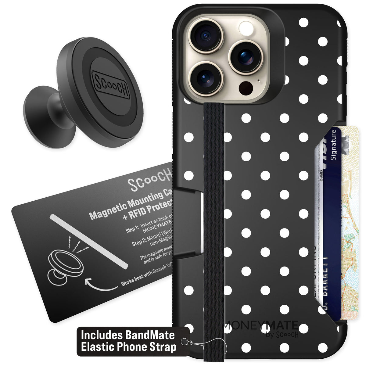 Scooch Moneymate Polka Dots for iPhone 15 Pro Max β Starter Bundle