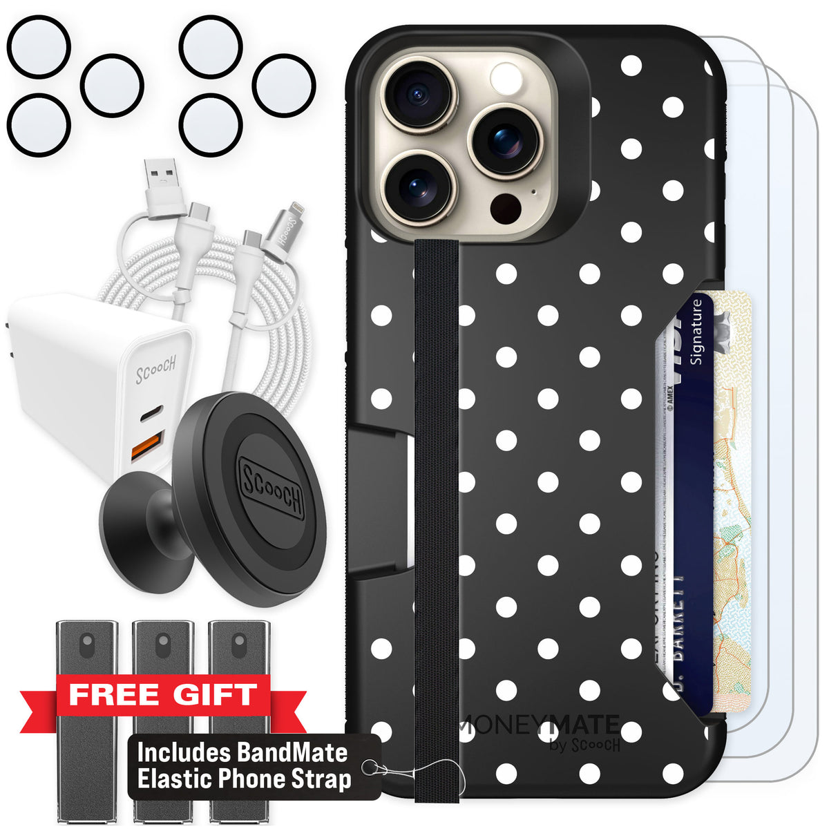 Scooch Moneymate Polka Dots for iPhone 15 Pro Max β Ultimate Bundle
