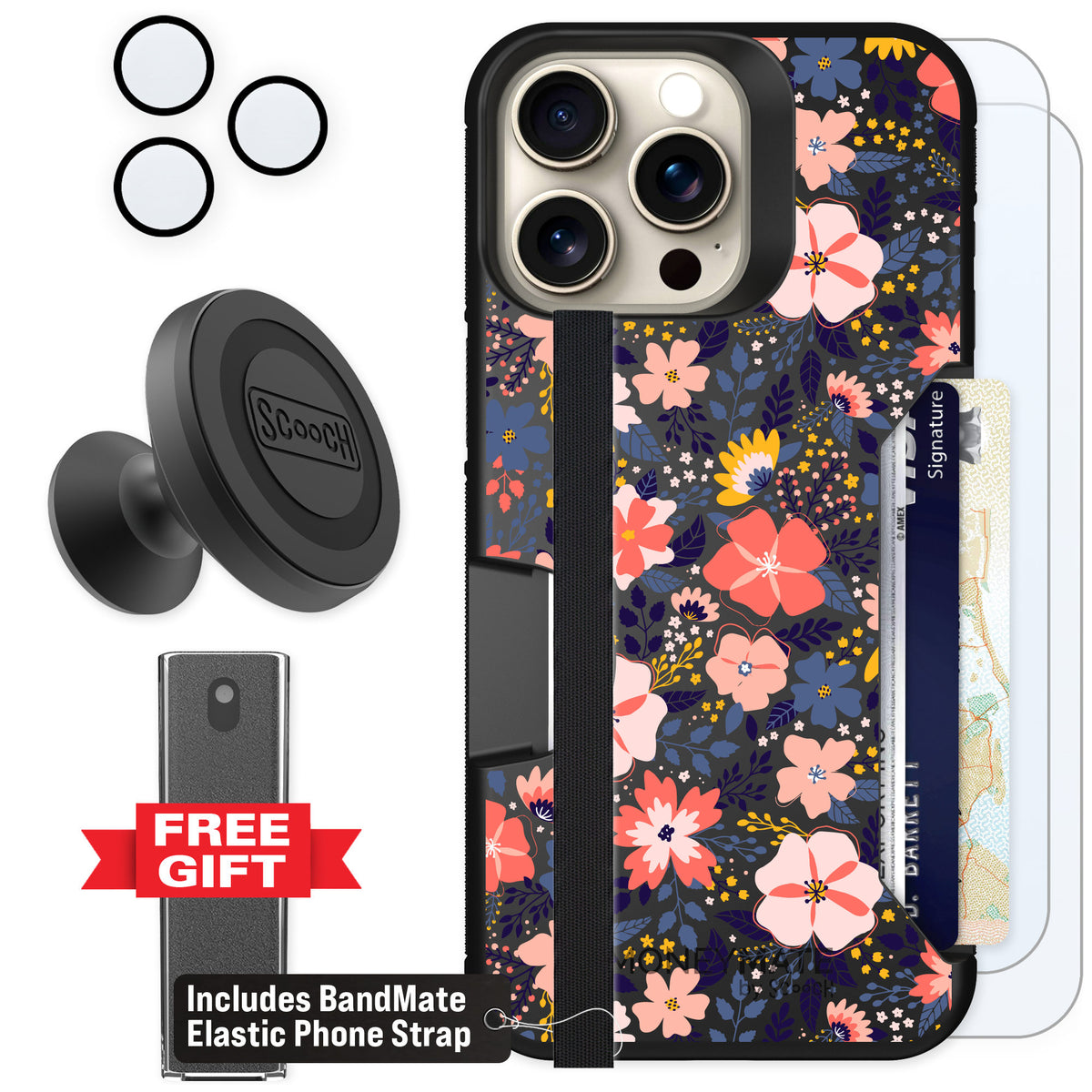 Scooch Moneymate Wildflowers for iPhone 15 Pro Max — Defender Bundle