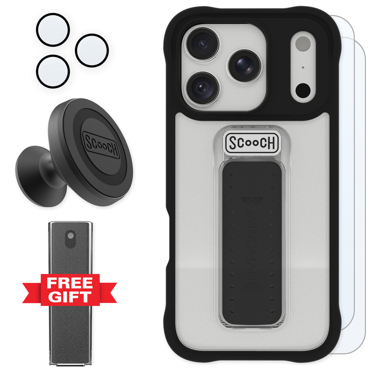 Scooch Wingman Tuxedo Clear for iPhone 18 Pro — Defender Bundle