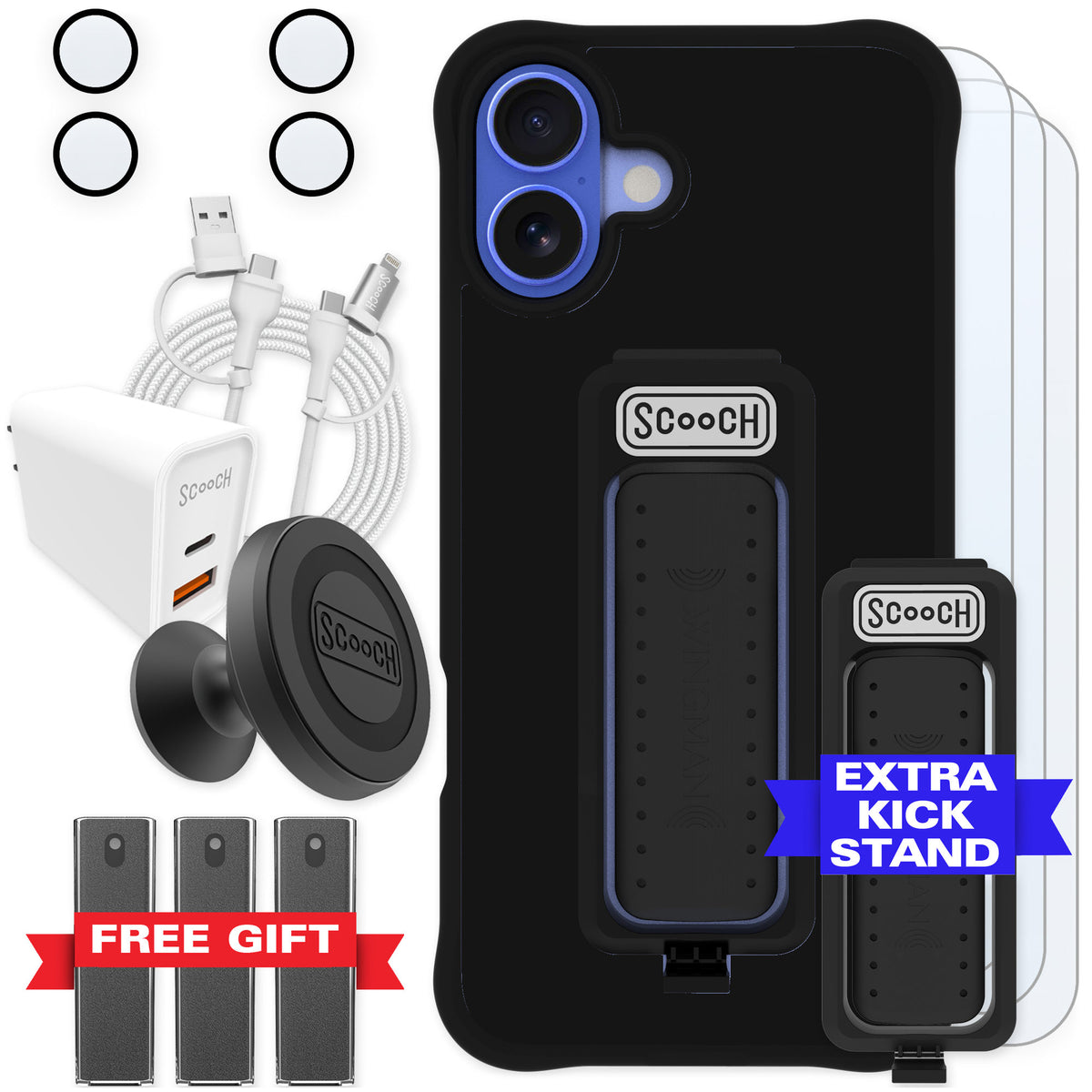Scooch Wingman Black for iPhone 16 Plus — Ultimate Bundle