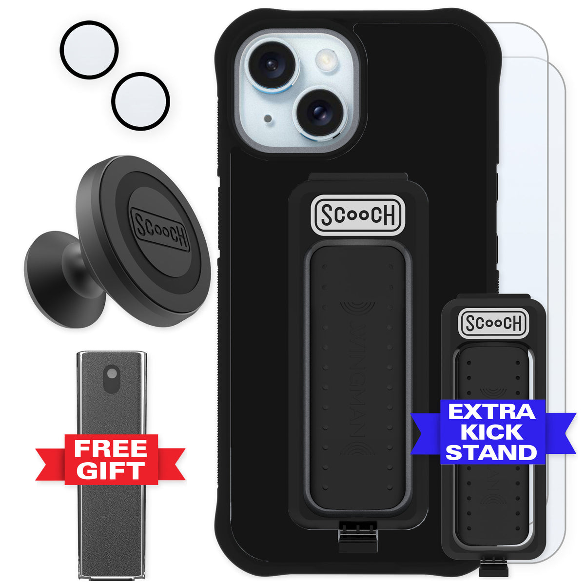 Scooch Wingman Black for iPhone 15 — Defender Bundle