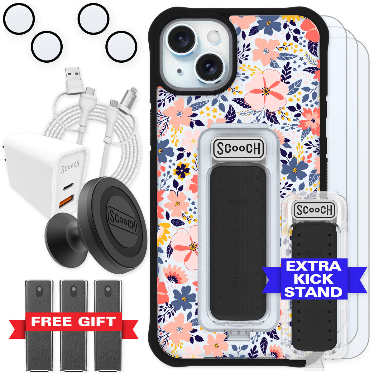 Scooch Wingman Wildflowers for iPhone 15 Plus — Ultimate Bundle