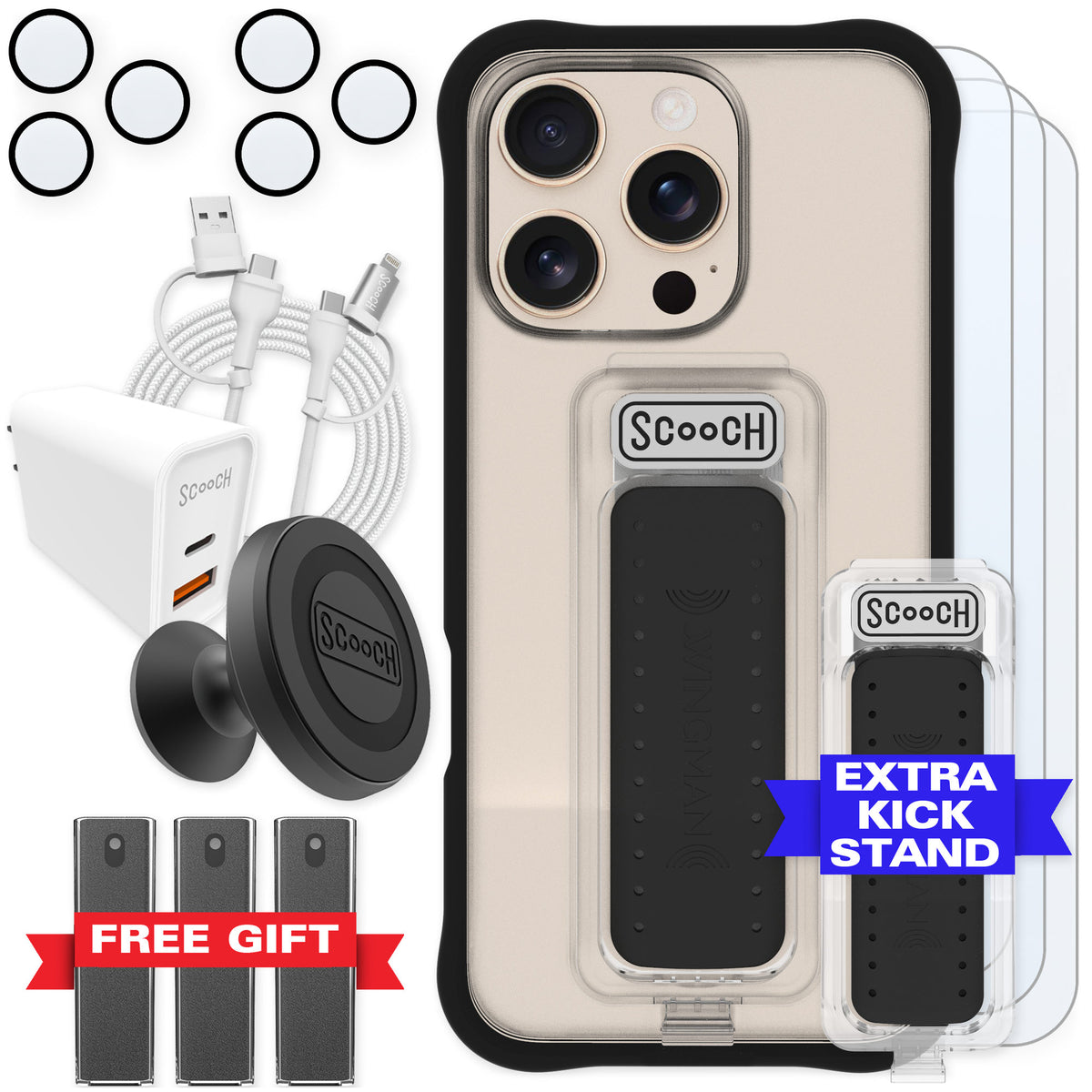 Scooch Wingman Tuxedo Clear for iPhone 16 Pro — Ultimate Bundle