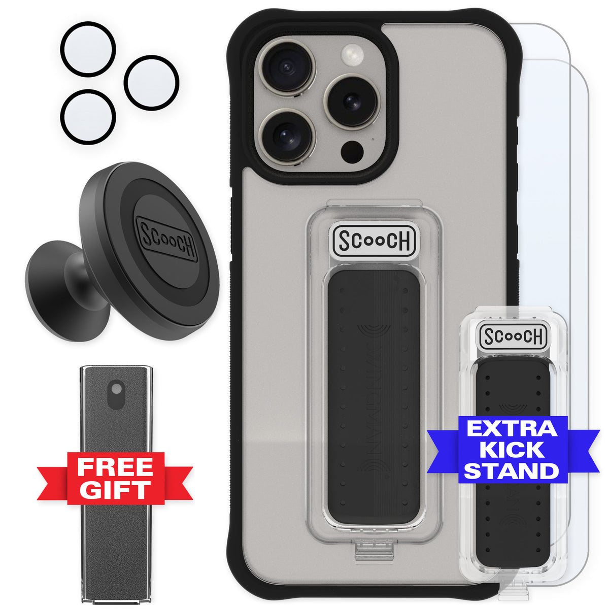 Scooch Wingman Tuxedo Clear for iPhone 15 Pro Max — Defender Bundle