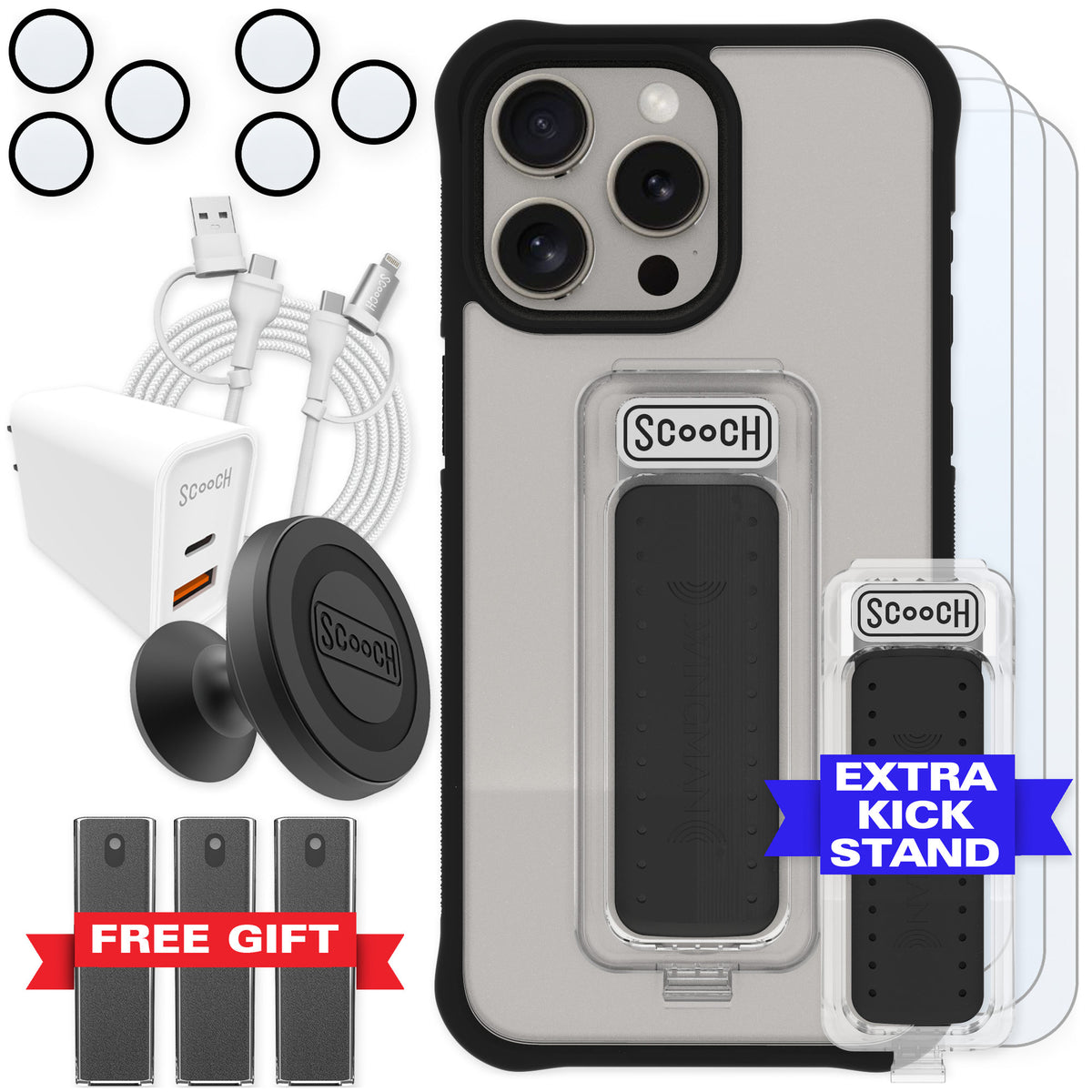 Scooch Wingman Tuxedo Clear for iPhone 15 Pro Max — Ultimate Bundle
