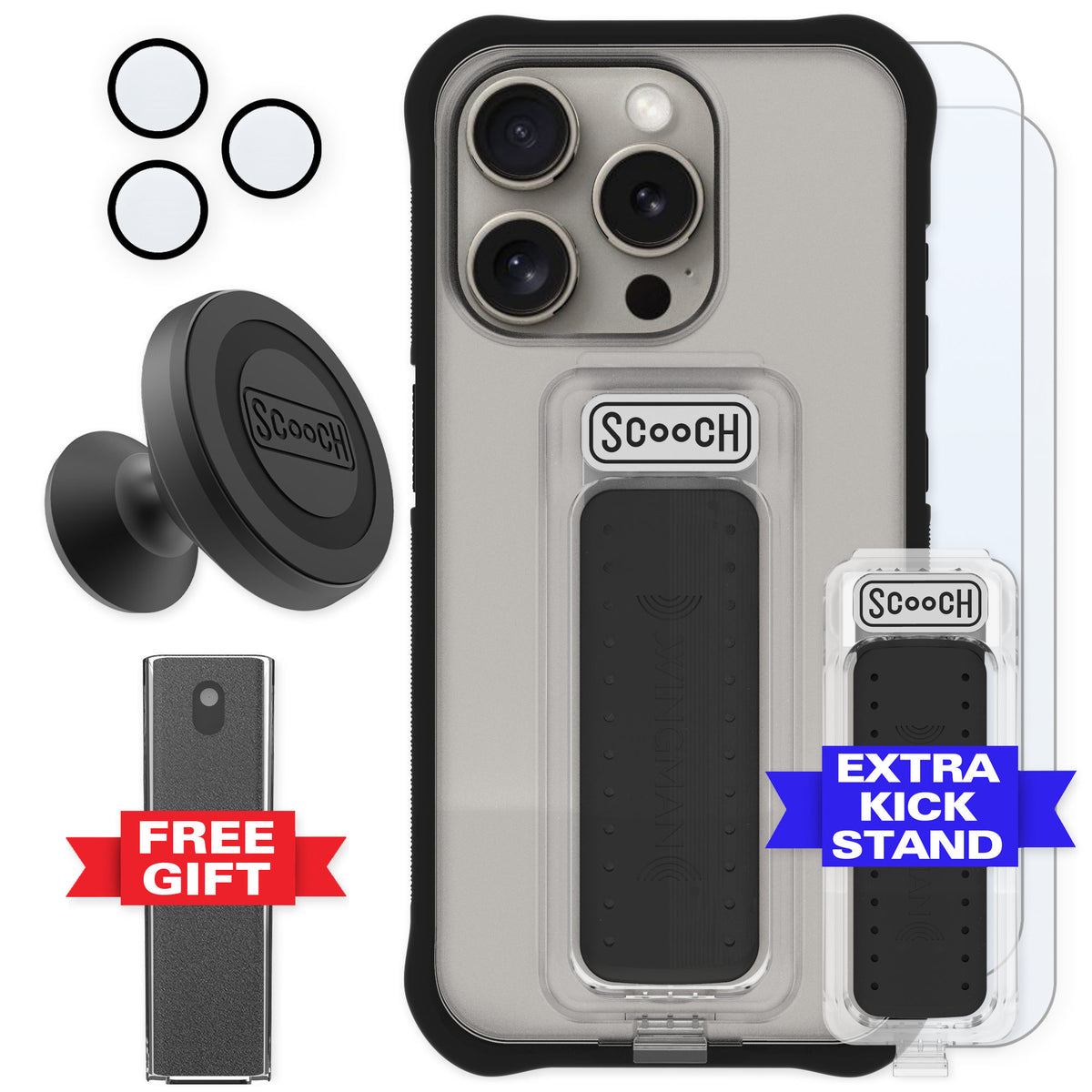 Scooch Wingman Tuxedo Clear for iPhone 15 Pro — Defender Bundle