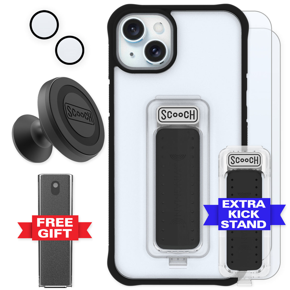 Scooch Wingman Tuxedo Clear for iPhone 15 Plus — Defender Bundle