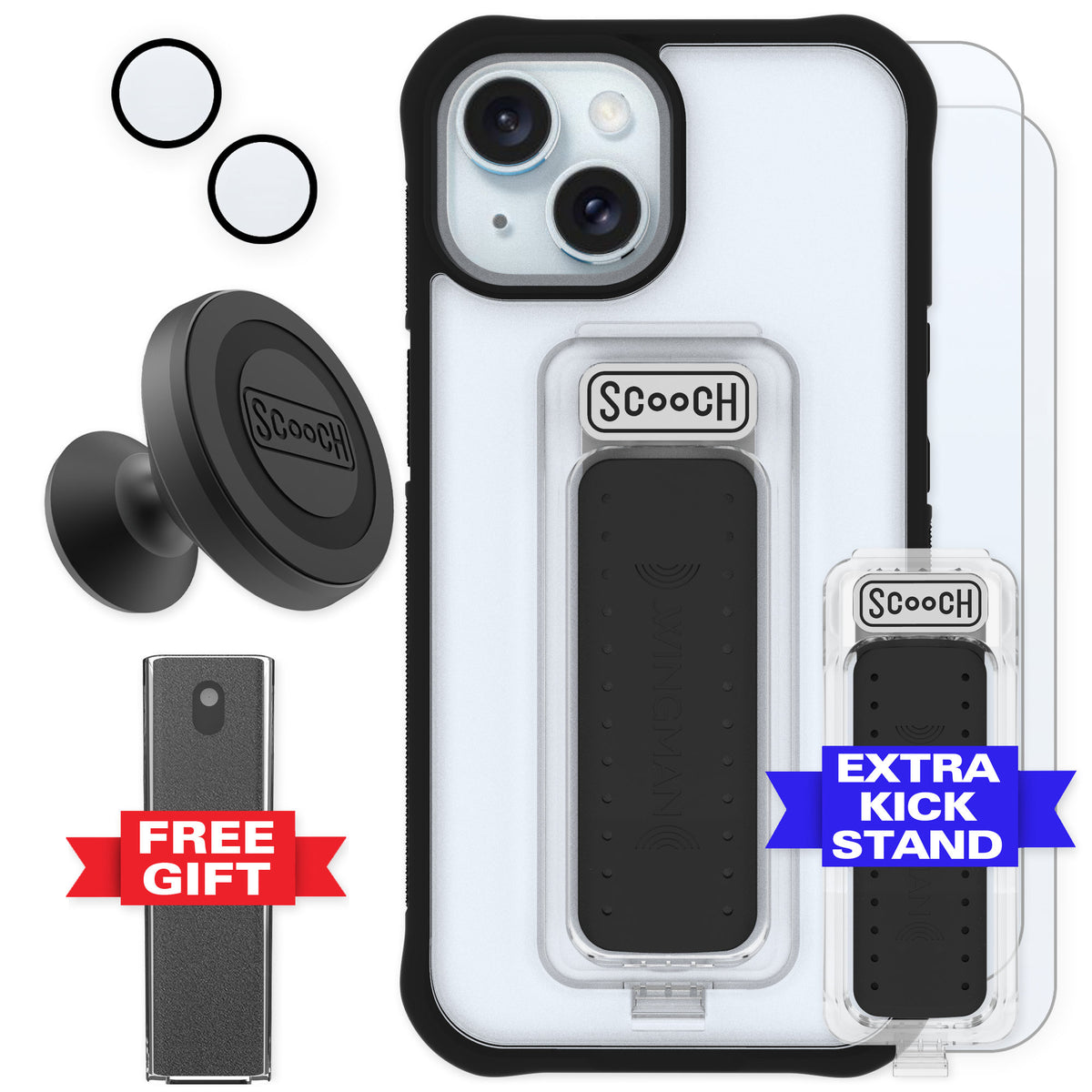 Scooch Wingman Tuxedo Clear for iPhone 15 — Defender Bundle