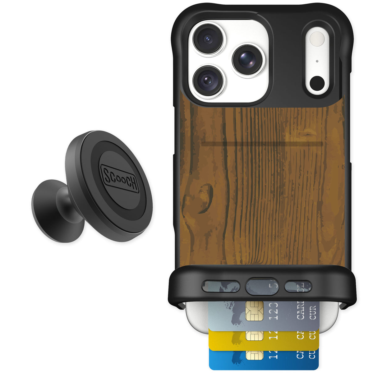 Scooch Wingmate Wood Grain for iPhone 18 Pro Max — Starter Bundle