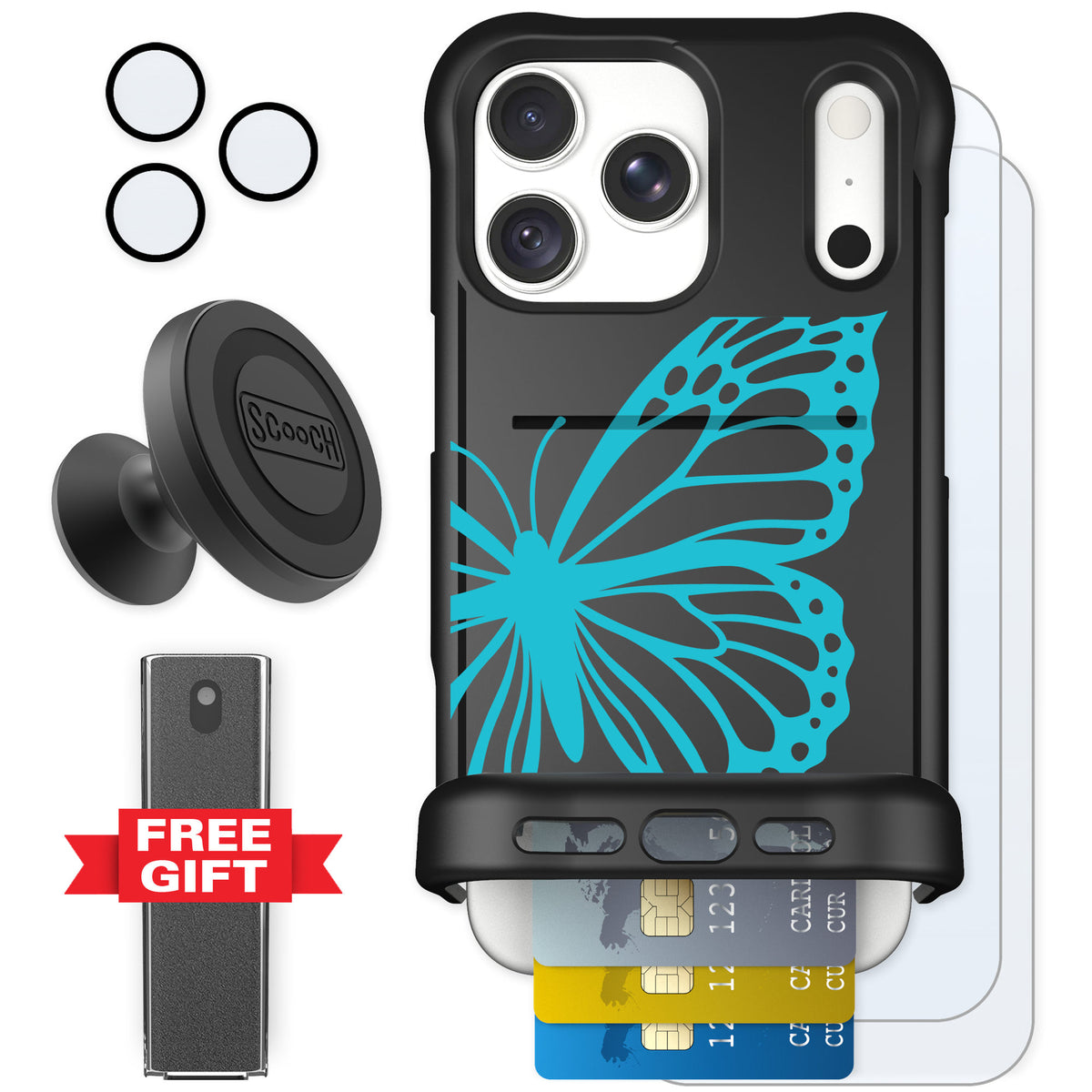 Scooch Wingmate Azure Butterfly for iPhone 18 Pro Max — Defender Bundle