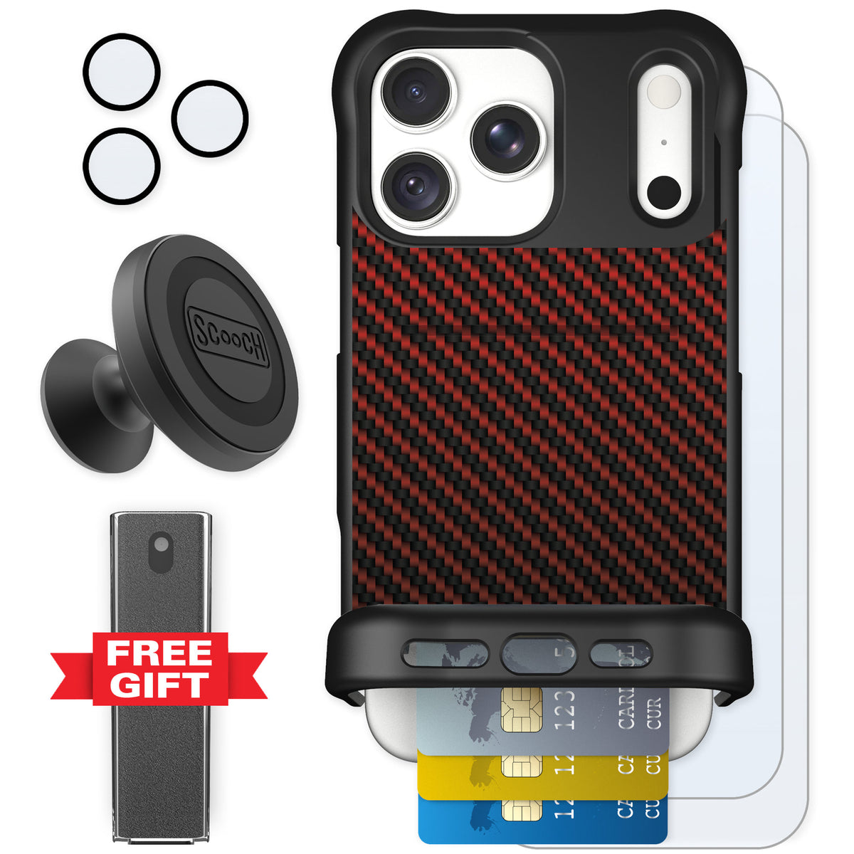 Scooch Wingmate Red Carbon Fiber for iPhone 18 Pro Max β Defender Bundle