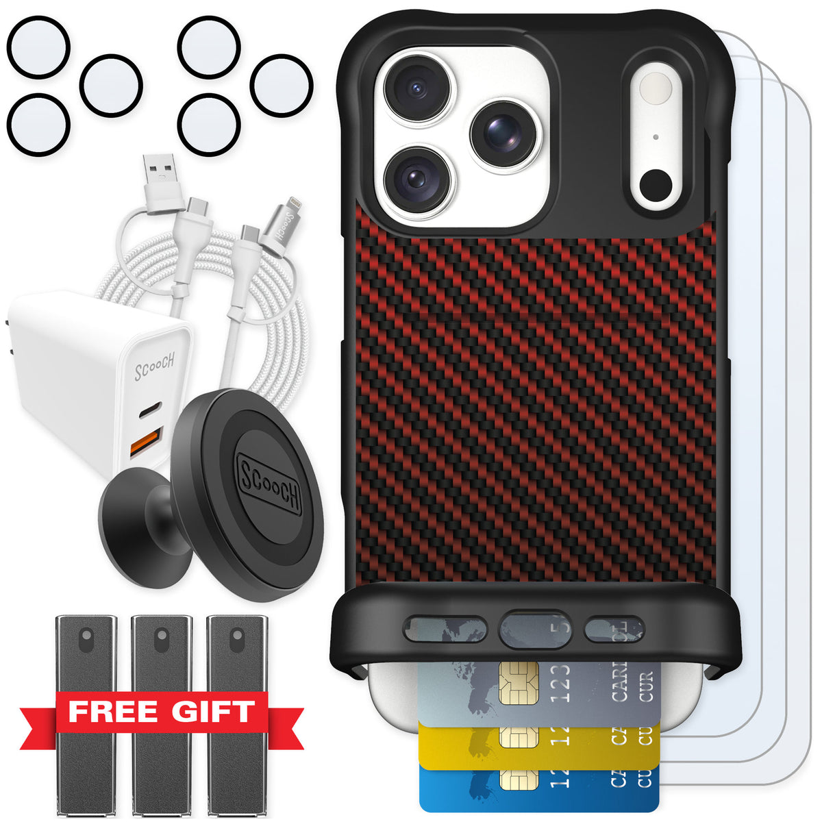 Scooch Wingmate Red Carbon Fiber for iPhone 18 Pro Max β Ultimate Bundle
