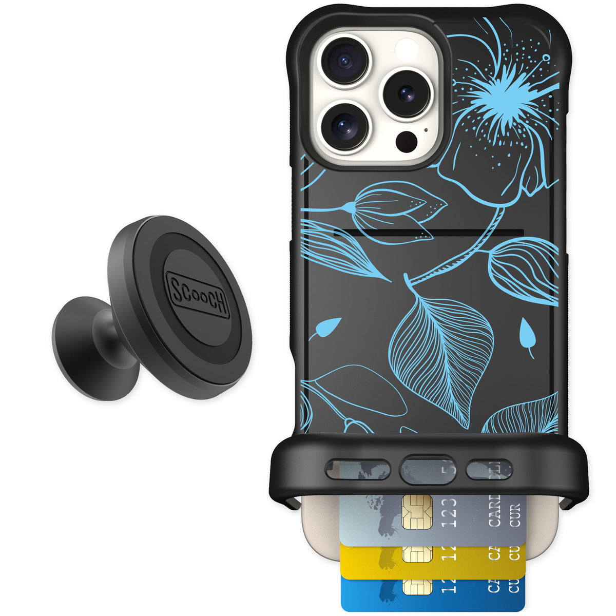 Scooch Wingmate Blue Hibiscus for iPhone 16 Pro Max — Starter Bundle