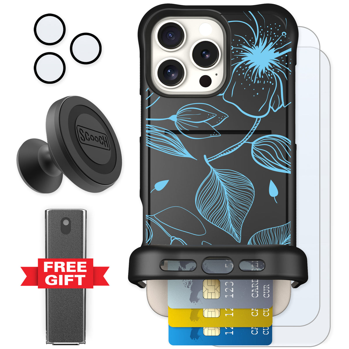 Scooch Wingmate Blue Hibiscus for iPhone 16 Pro Max — Defender Bundle
