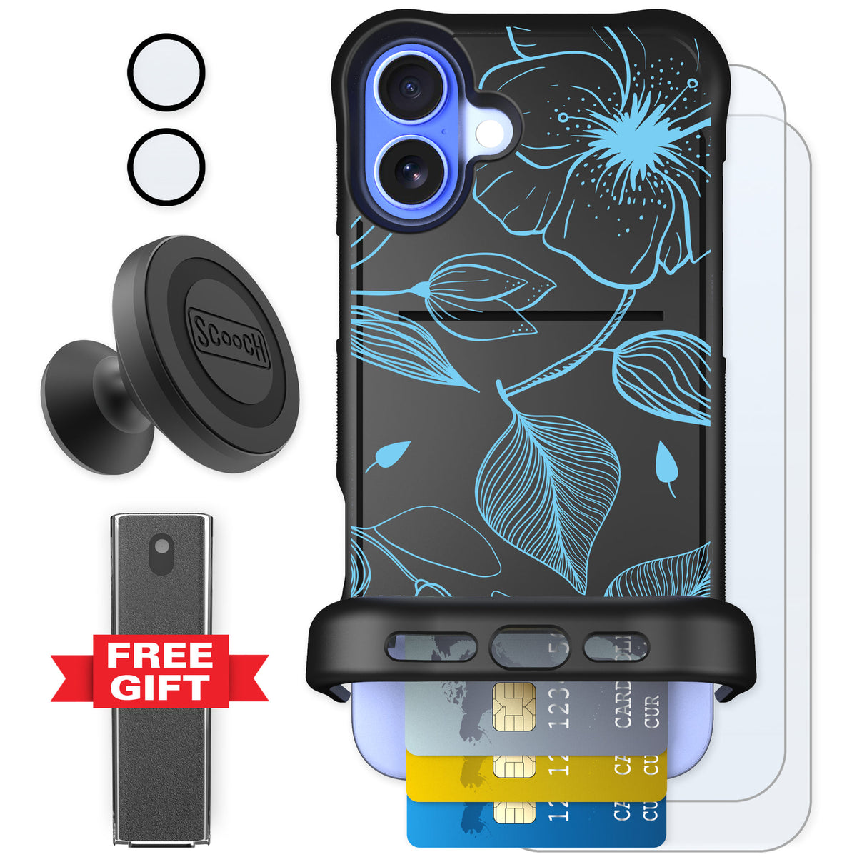 Scooch Wingmate Blue Hibiscus for iPhone 16 Plus — Defender Bundle