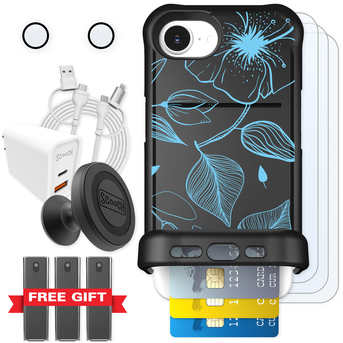 Scooch Wingmate Blue Hibiscus for iPhone 16e — Ultimate Bundle
