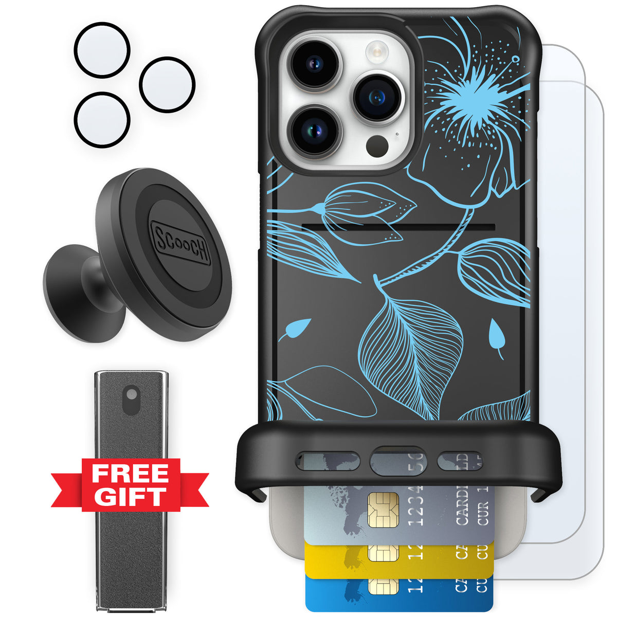 Scooch Wingmate Blue Hibiscus for iPhone 15 Pro Max — Defender Bundle