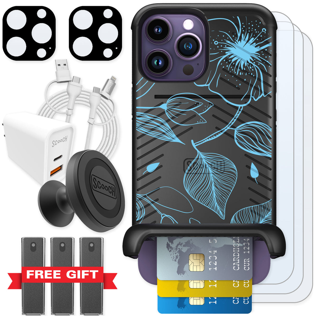 Scooch Wingmate Blue Hibiscus for iPhone 14 Pro Max — Ultimate Bundle