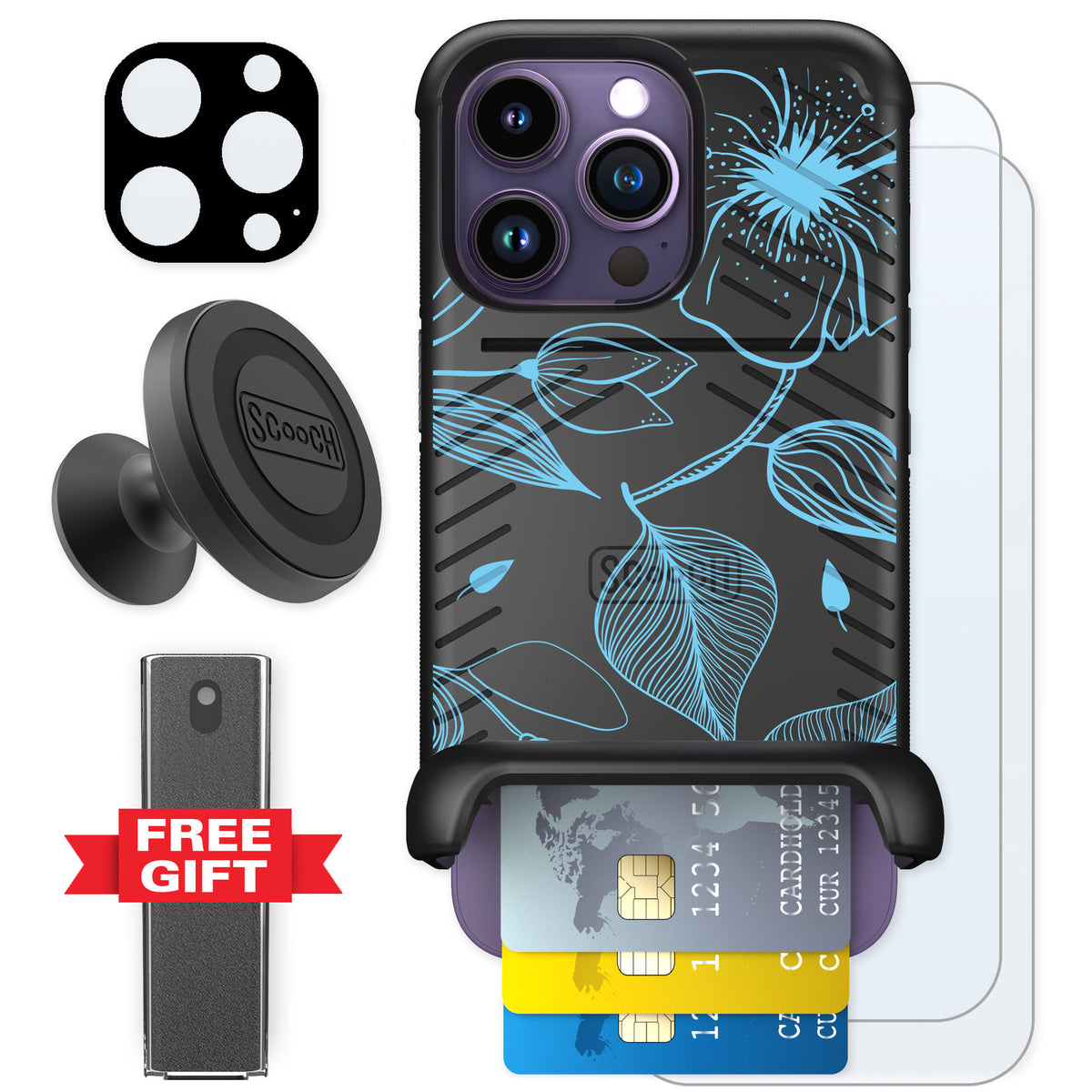 Scooch Wingmate Blue Hibiscus for iPhone 14 Pro — Defender Bundle
