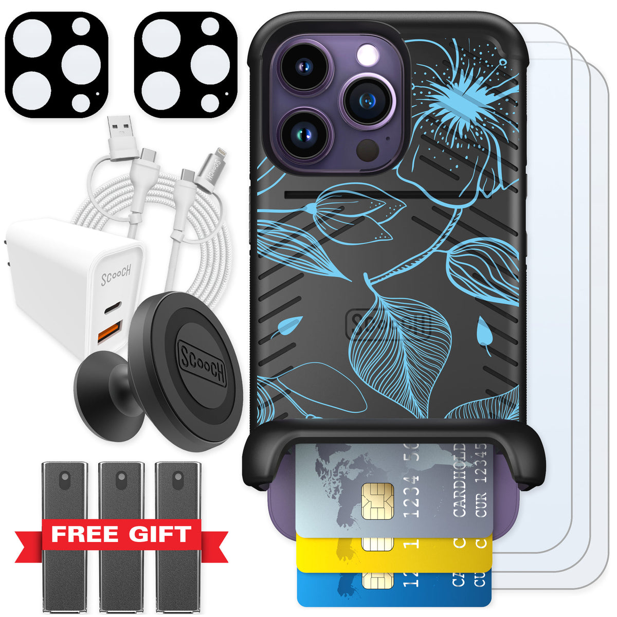 Scooch Wingmate Blue Hibiscus for iPhone 14 Pro — Ultimate Bundle