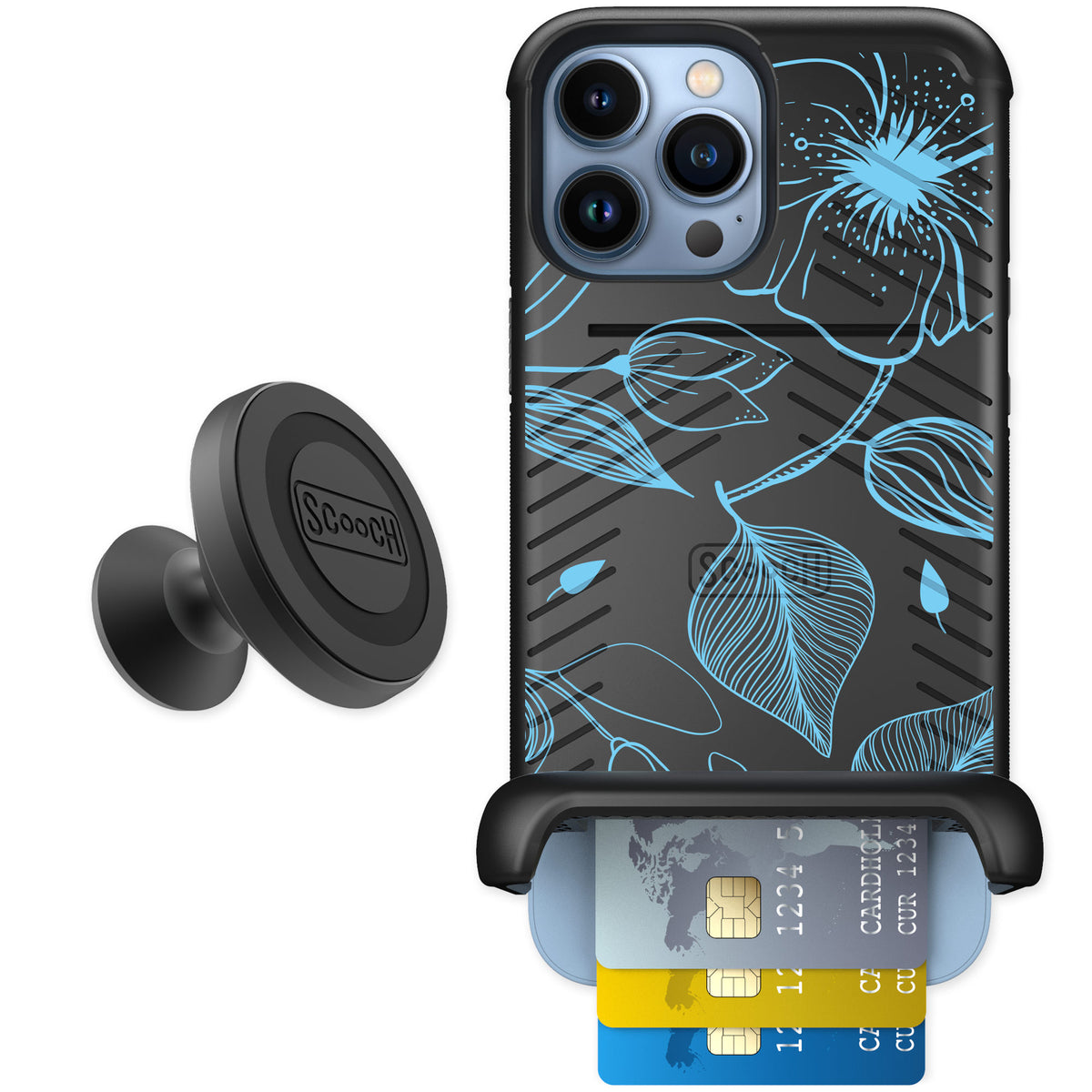 Scooch Wingmate Blue Hibiscus for iPhone 13 Pro Max — Starter Bundle