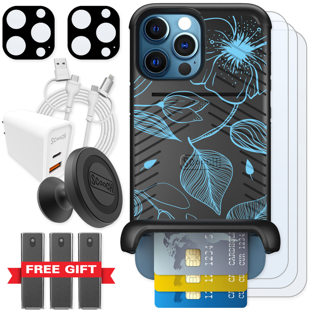 Scooch Wingmate Blue Hibiscus for iPhone 12 Pro Max — Ultimate Bundle