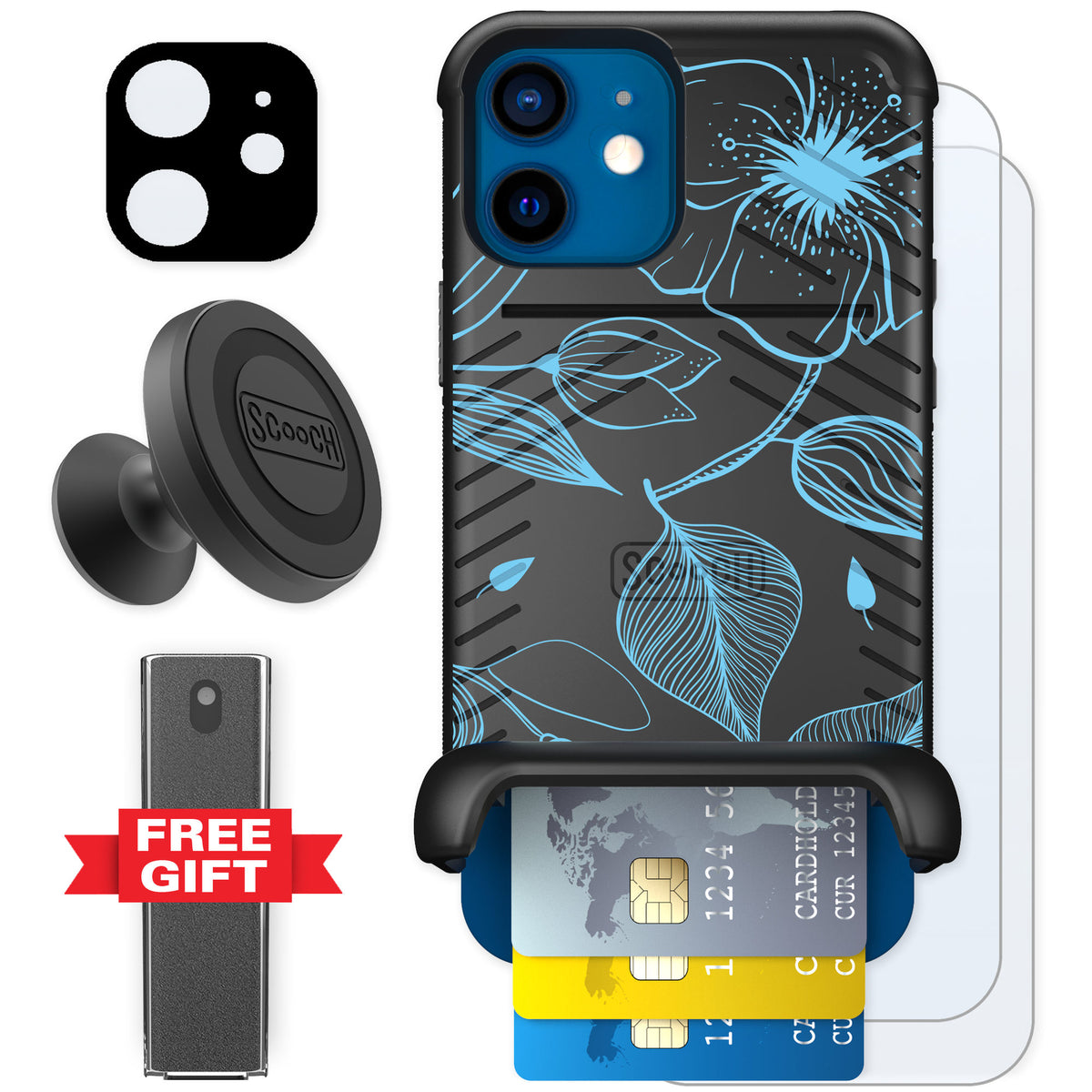 Scooch Wingmate Blue Hibiscus for iPhone 12 — Defender Bundle