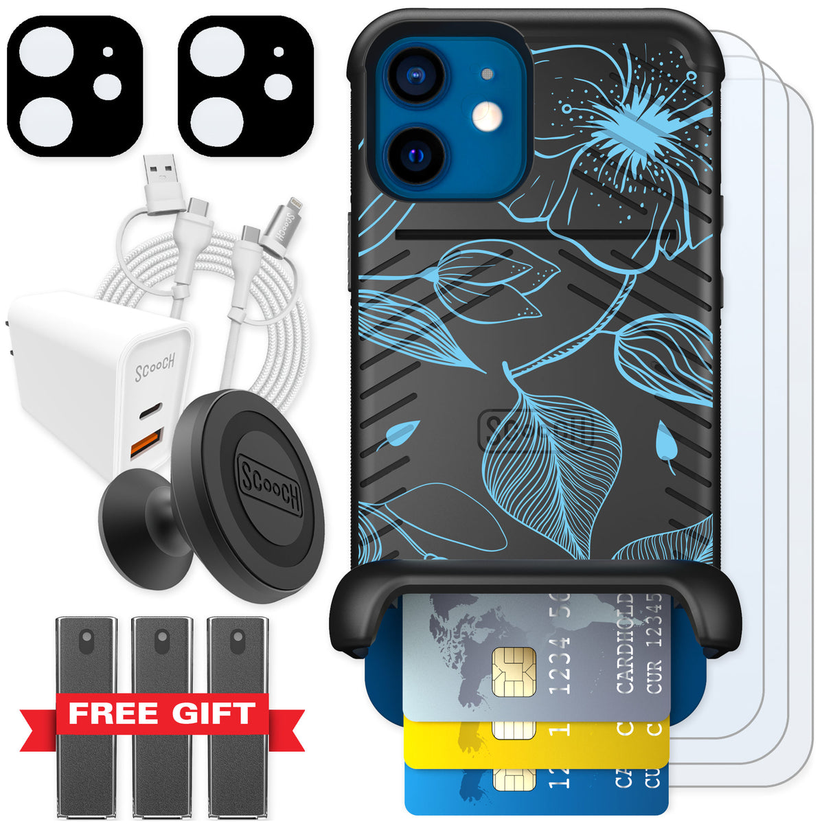 Scooch Wingmate Blue Hibiscus for iPhone 12 — Ultimate Bundle